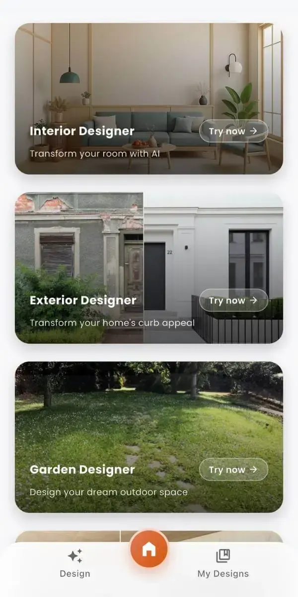 DecorAI app interface showing AI room makeover ideas on iPhone