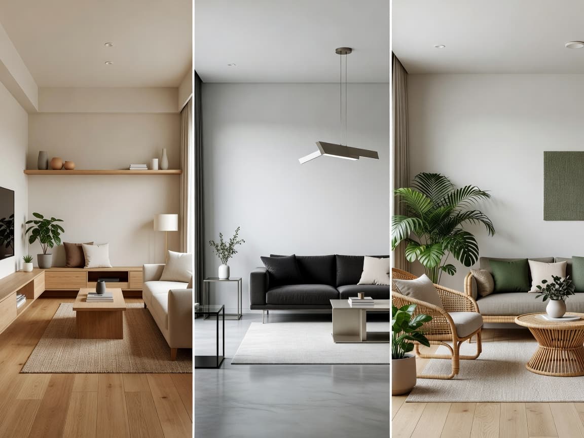 Side-by-side comparison of AI interior design styles applied to the same small apartment living room