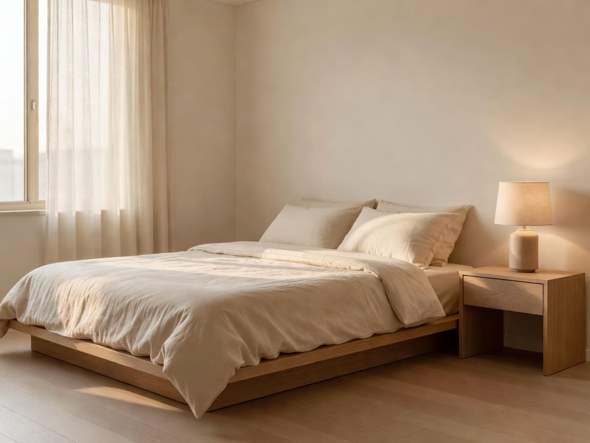 Compact Asian apartment bedroom redesigned by an AI interior design app in a warm minimalist style