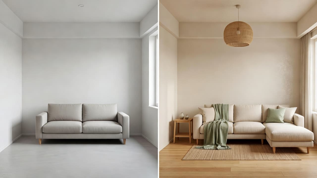 Best AI interior design app for Asia — before and after AI room makeover of a small apartment living room
