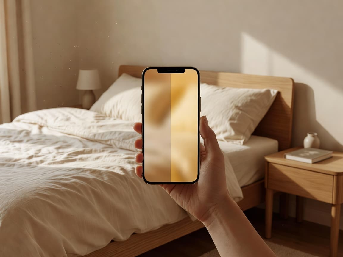 Before and after AI room makeover shown on a phone screen after redesigning an apartment with AI