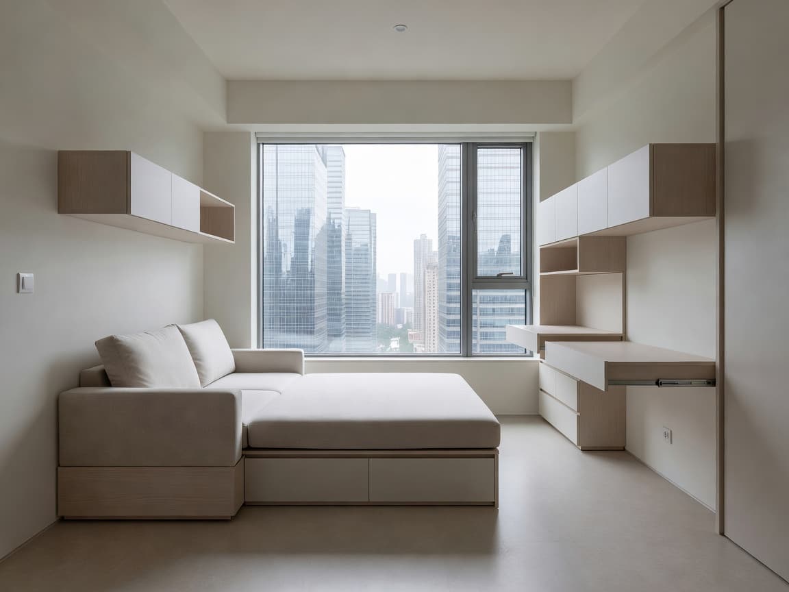 Data visualization style photo of a compact Asian apartment showing space-saving AI interior design ideas