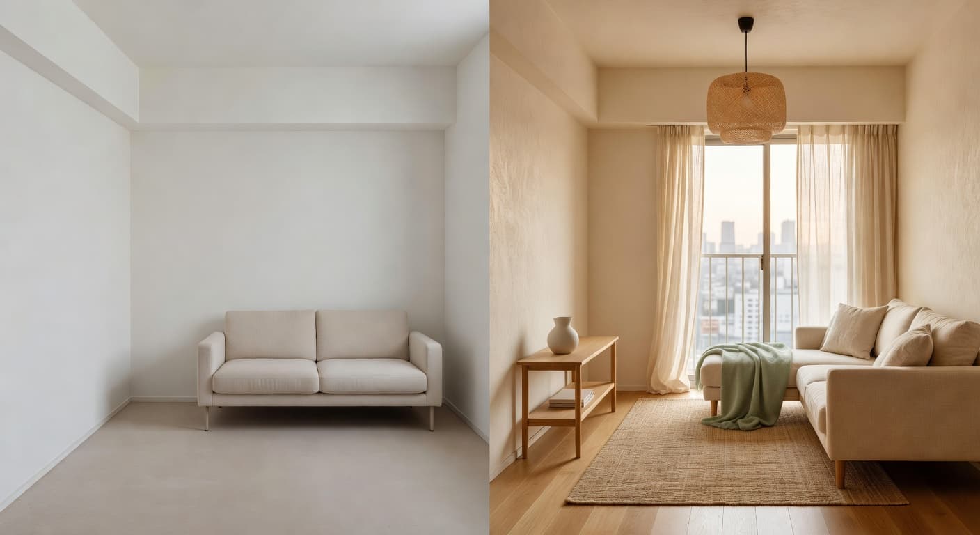 DecorAI AI Interior Design — before and after redesign of a compact modern Asian apartment living room with warm ivory walls, natural wood and soft sage accents