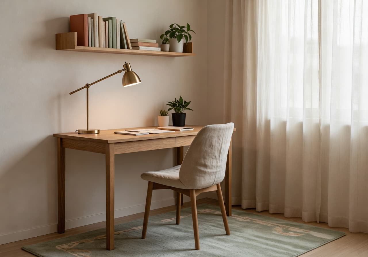 AI home office design redesign for a compact Asian apartment workspace